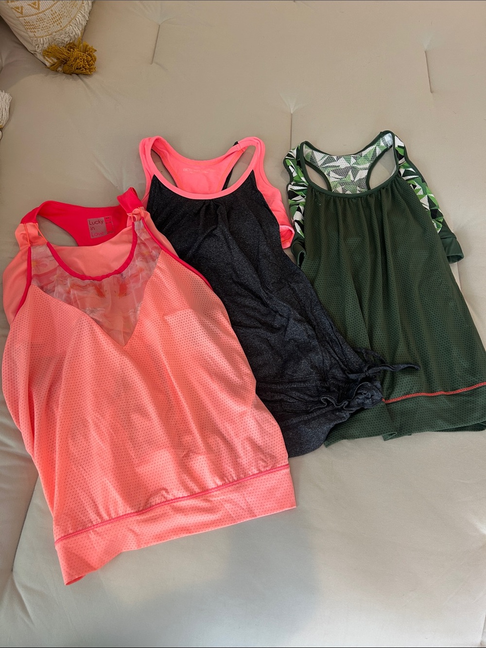 Set of 3 Coral, Gray & Green Athletic Tank Built In Bras Yoga Pilates Tennis